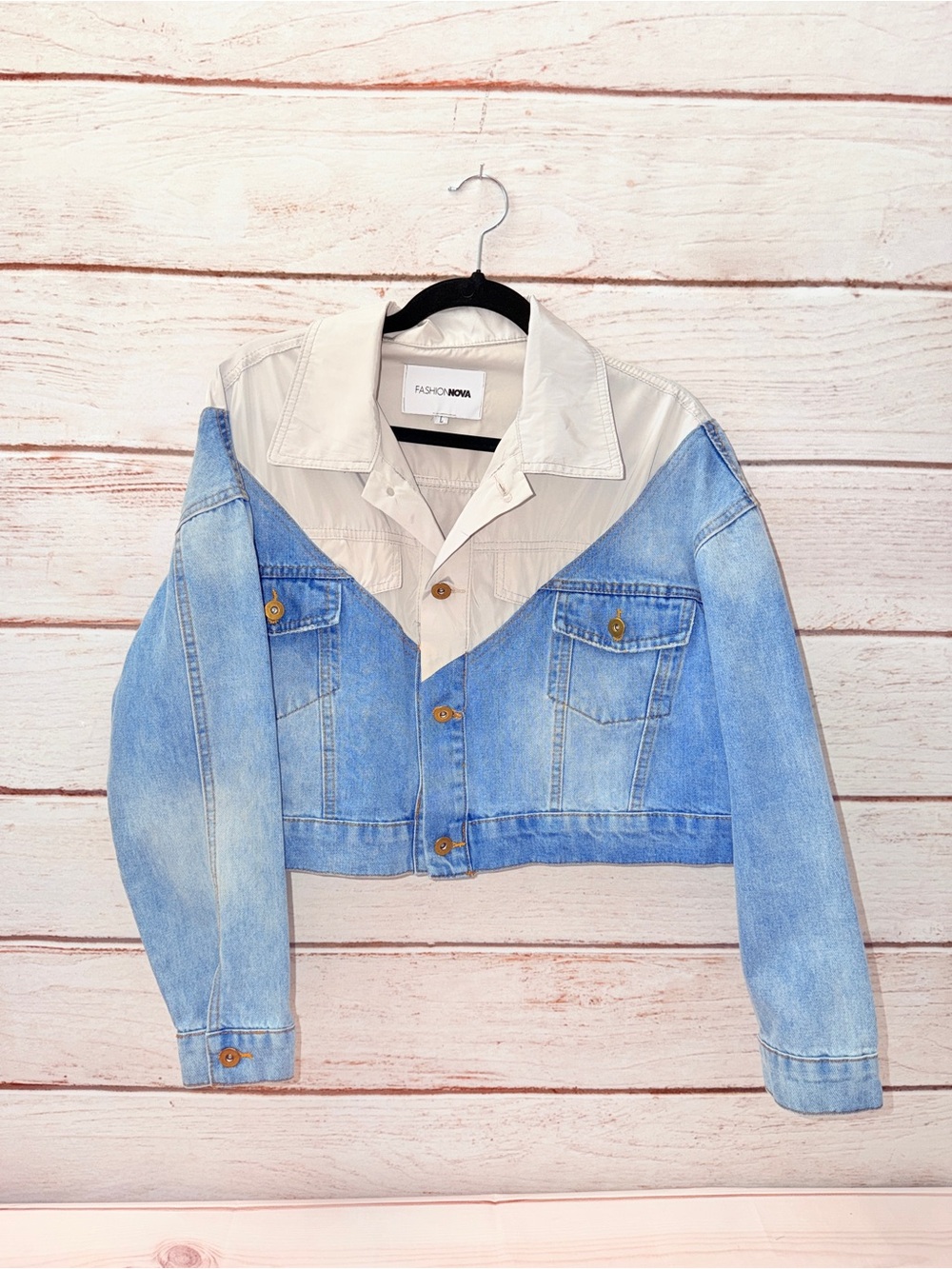 Fashion Nova Colorblock Cropped Denim Jacket Size L